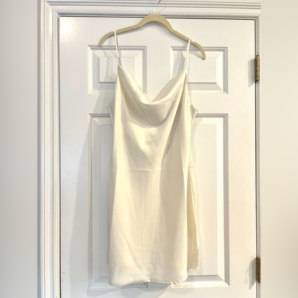 White satin cowl neck mini dress